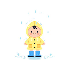 Adorable vector illustration of a happy little child wearing a bright yellow raincoat and blue boots while playing in the rain