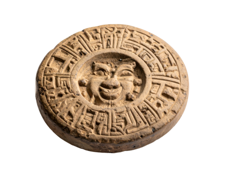 Carved, sun-faced stone disc. Outer ring with stylized symbols, weathered appearance
