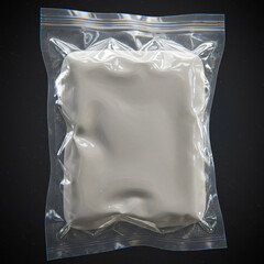 Vacuum sealed clear plastic bag containing white block isolated on black