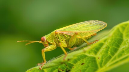 Fototapeta premium Close-up macro photo of a green leafhopper insect resting on a leaf, detailed texture of wings with water droplets, macro photography of green cicadellidae bug in nature, leaf insect macro background