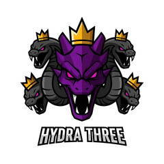 Fierce five-headed hydra mascot with a purple main head, golden crowns, and glowing pink eyes.
