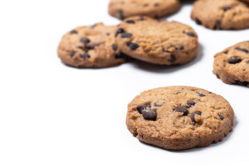 Chocolate chip cookies isolated on white background. Copy space