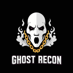 A stylized ghostly skull with a golden chain and wisps against a black background.