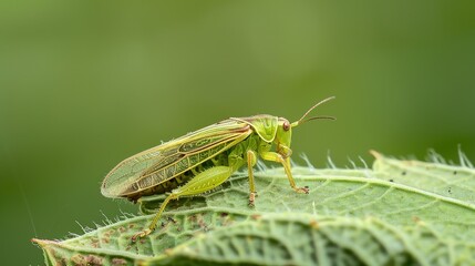 Obraz premium Close-up macro photo of a green leafhopper insect resting on a leaf, detailed texture of wings with water droplets, macro photography of green cicadellidae bug in nature, leaf insect macro background