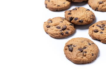 Chocolate chip cookies isolated on white background. Copy space