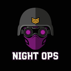 Graphic illustration of a soldier's head in a helmet and mask, with the text 