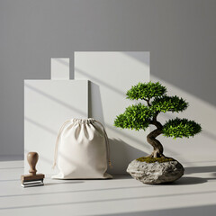 Minimalist Product Packaging Mockup Drawstring Pouch Bonsai Tree Stamp