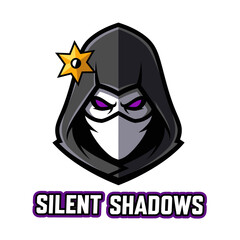 A stylized illustration of a ninja character's face, with a mask and hood, and text below.