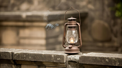 Antique kerosene lantern emitting a gentle glow on a stone ledge