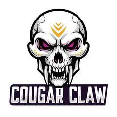 A menacing skull mascot with glowing purple eyes and sharp fangs, a logo for the team Cougar Claw.