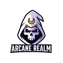 A stylized logo featuring a skull-faced figure wearing a hooded cloak with a crescent moon.