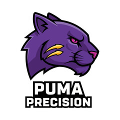 A fierce purple puma head mascot logo with glowing pink eyes, golden claw marks, and bold text.