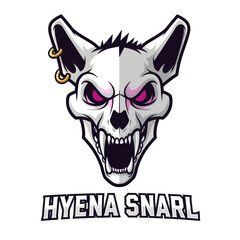 A fierce and stylized illustration of a hyena skull with glowing purple eyes and sharp teeth, featuring a gold hoop earring, set against a white background w...
