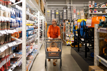 Woman shopping for tools and supplies in a hardware store during daylight