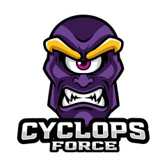 A fierce purple cyclops monster with a single eye, bared teeth, and angry expression, emblazoned with the text 