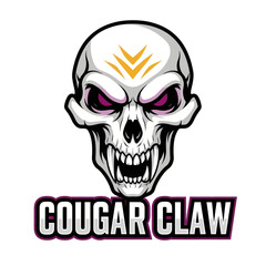 A menacing skull mascot with glowing purple eyes and sharp fangs for a gaming team called Cougar Claw.