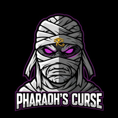 A menacing mummy with glowing purple eyes and an Egyptian eye symbol on its forehead, wrapped in bandages, with 