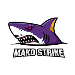 A stylized illustration of a purple shark head with sharp teeth and the words 