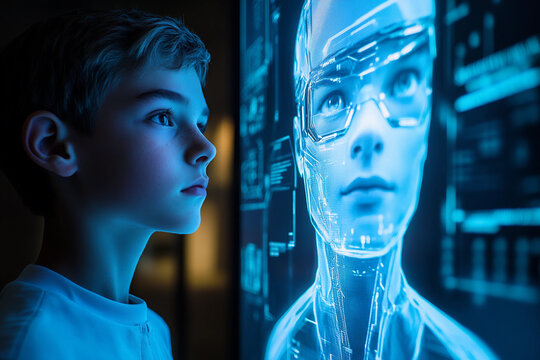 Futuristic AI-generated digital face with holographic data projections and neural network visual effects