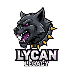 Fierce wolf head with snarling teeth and spiked collar, alongside stylized text logo.
