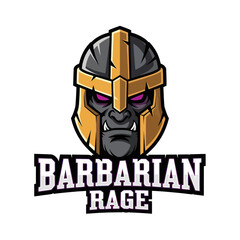 Cartoon gorilla wearing a golden barbarian helmet with purple eyes, above the words 