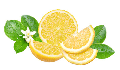 artistic arrangement of lemon slices with leaves showcasing refreshing citrus, offering summer vibes and healthy eating for culinary projects and wellness campaigns