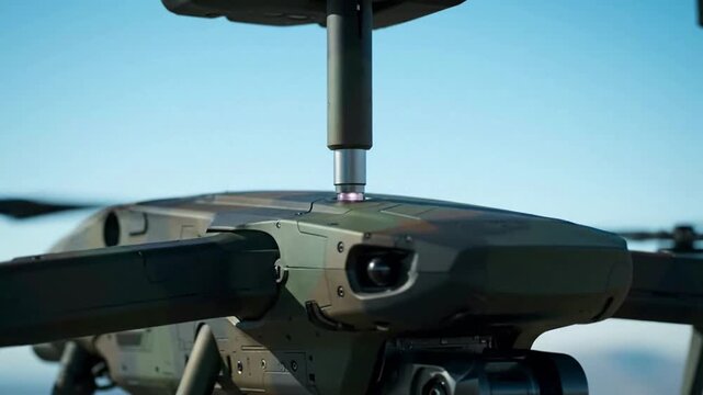 Close-up view of a military drone with camouflage paint, showing its details.