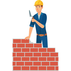Cartoon Construction Worker In Yellow Hard Hat And Blue Overalls Building A Brick Wall With A Trowel In Hand On Transparent Background