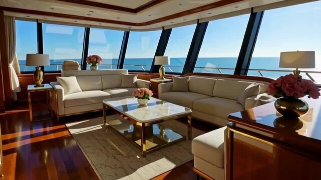 Luxury yacht living room with panoramic windows, wooden flooring, and elegant decor