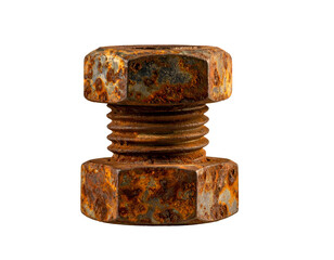 A close-up of a rusted bolt and nut assembly against a stark black backdrop