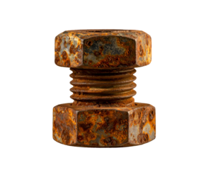 A close-up of a rusted bolt and nut assembly against a stark black backdrop