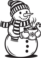 Adorable snowman wearing a hat and scarf enjoys a warm drink with steam rising and a candy cane, perfect for holiday greetings