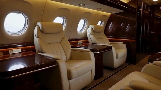 Private jet interior with luxury seating, wooden accents, and soft lighting