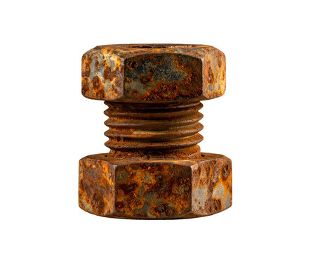 A close-up of a rusted bolt and nut assembly against a stark black backdrop - Powered by Adobe