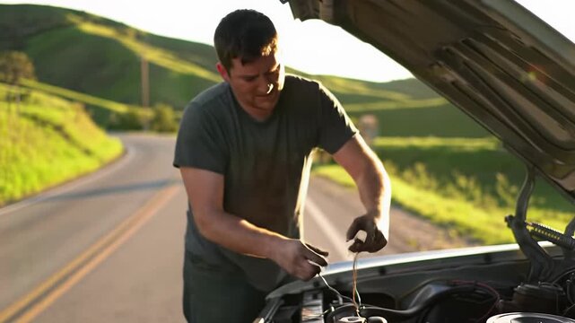 Young caucasian man in grey t-shirt distressed, leaning over a classic silver sedan's open hood on a quiet rural road at golden hour. Dolly out video reveals frustration and isolation concept
