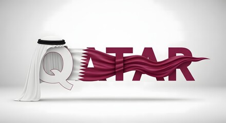 Creative Qatar Typography Design with National Flag Colors and Traditional Arabic Headscarf.