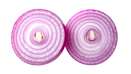 Two purple onion slices, viewed from above, layered rings shown against a black background