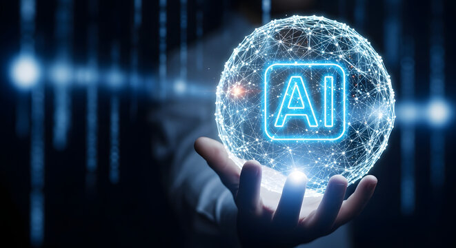 A hand holding a glowing digital globe with an AI icon, representing the global impact of artificial intelligence.