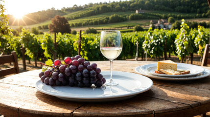 Single wine glass with red wine, grapes and cheese on a rustic wooden table, with a blurred vineyard at sunset in the background, elegant outdoor wine tasting setup