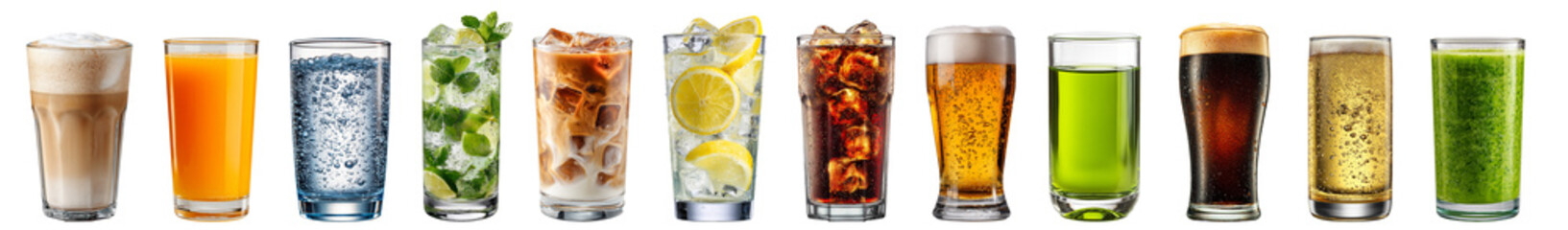 Assorted colorful drinks in glass cups