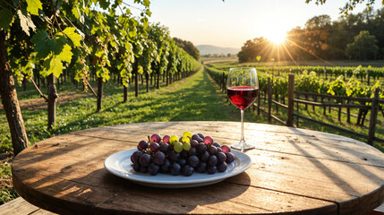 Single glass of red wine on a rustic wooden table with a blurred vineyard at sunset, elegant outdoor wine tasting scene, warm sunlight, relaxing atmosphere, gourmet beverage concept