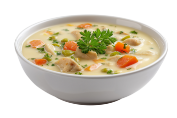 Creamy chicken soup with vegetables isolated on a transparent background