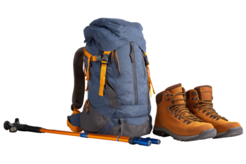 Blue Backpack Hiking Boots and Trekking Pole isolated on a transparent background