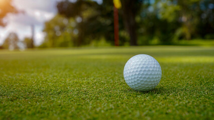 Golf ball is on a green lawn in a beautiful golf course with morning sunshine.