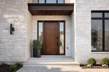 Modern wooden door with large windows framed by stone walls.