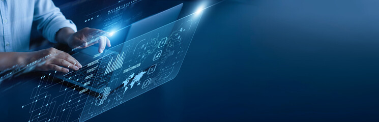 Transformation network connection concept. Business innovator is hard at work on a laptop computer with graphical data visualization analytics, digital interface technology integration, development.