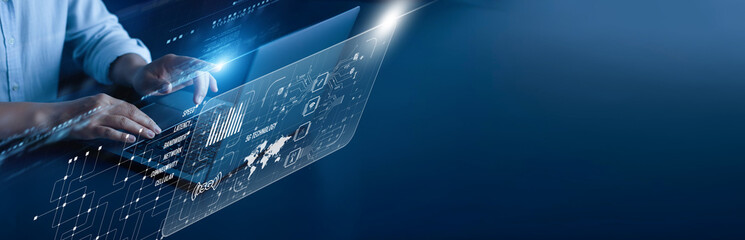 5G Technology network connection concept. Telecom engineer is working by hand on a laptop computer...