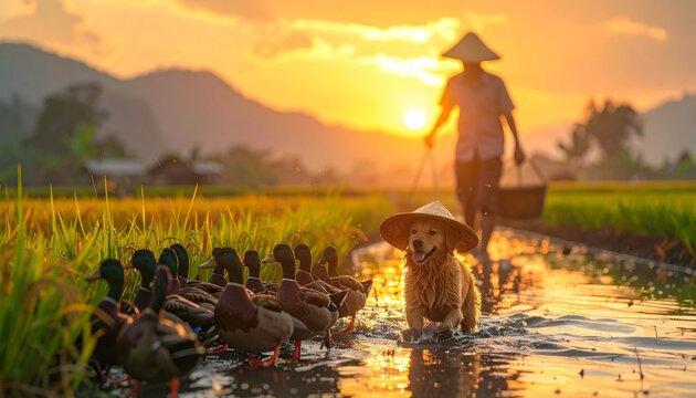 Serene Golden Retriever with Ducklings in a Paddy Field at Sunrise Scenery