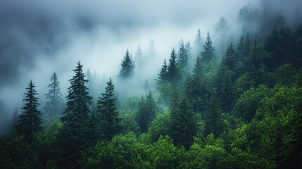 Misty Evergreen Forest Landscape Shrouded in Dense Fog and Green Trees