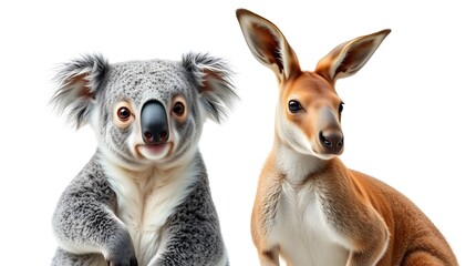Obraz premium A koala and a kangaroo posing together on a white background in a studio setting looking forward